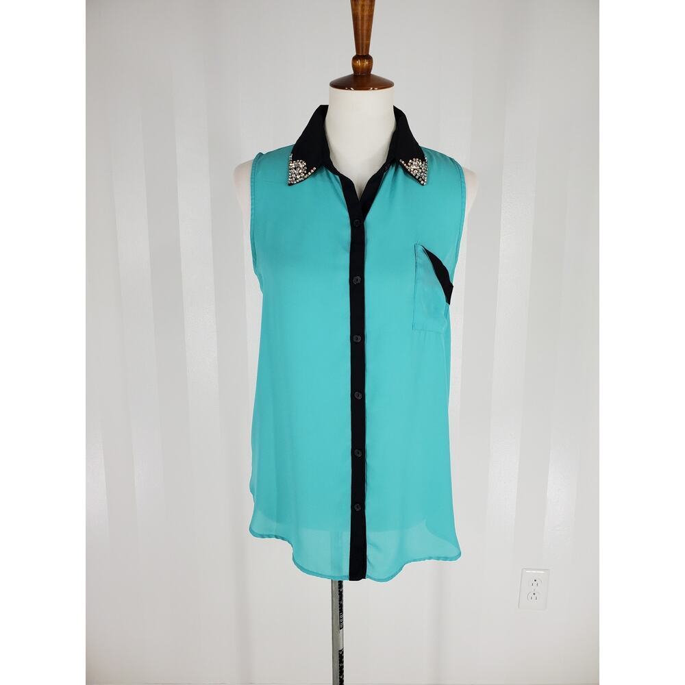 SOPRANO Women's Teal & Black Sleeveless Button Up Sheer Top w/ Rhinestones Sz M